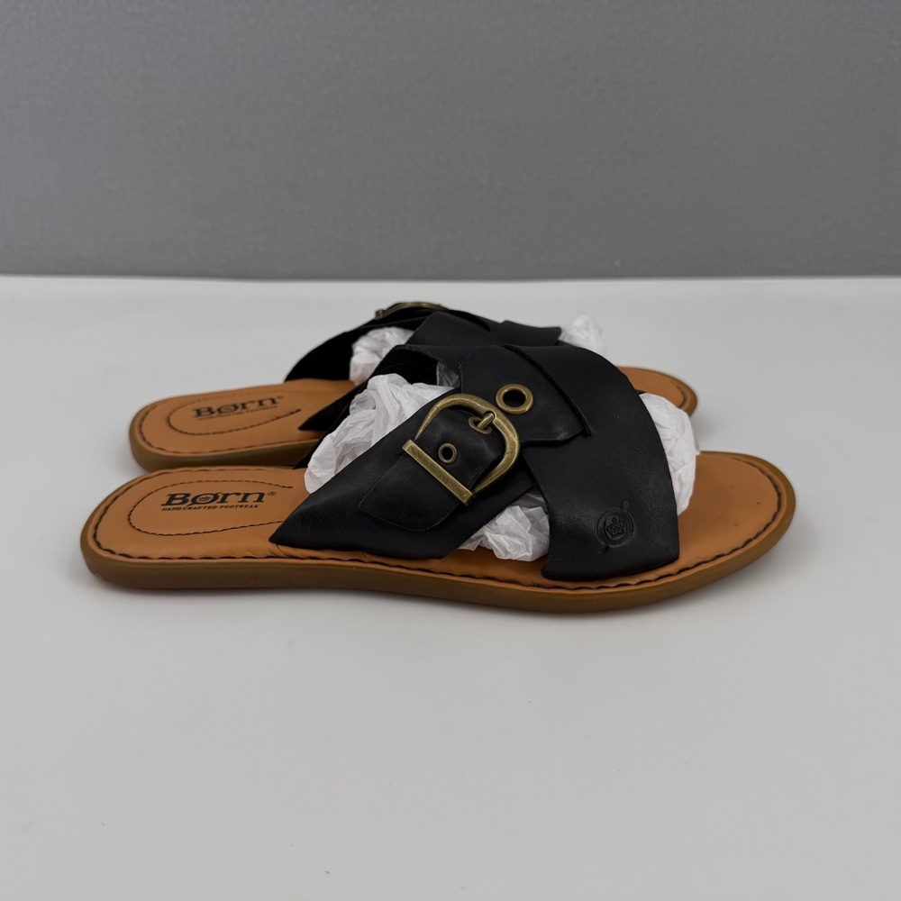 Born Black Leather Slide Sandals with Tan Footbed - Picture 5 of 15
